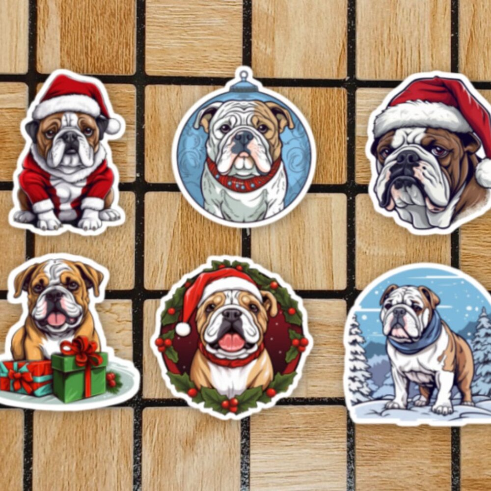Christmas Bulldog Sticker Pack of 6 Vinyl Stickers Waterproof Sticker Set